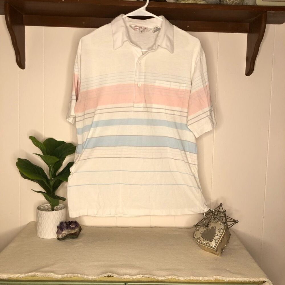 Tropical Palm Men's Stripes Short Sleeves Collared Cotton Polo Shirt White Large